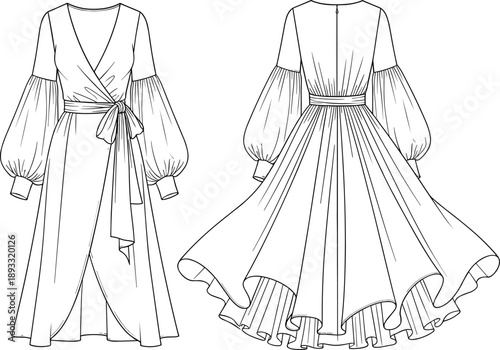 Women V Neck Wrap Maxi Dress Fashion Flat Sketch Vector Illustration, Bishop Sleeve Garment with Bow Belt Technical Drawing for Apparel Design Manufacturing,