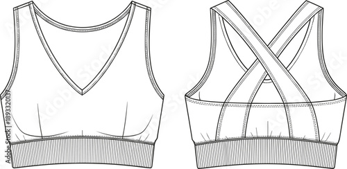 Women V Neck Sports Bra Fashion Flat Sketch Vector Illustration, Cross Back Activewear Top Technical Drawing for Apparel Design Workout and Manufacturing,