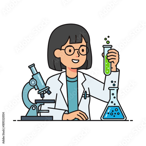 Female scientist with microscope and test tubes, conducting experiment, illustration