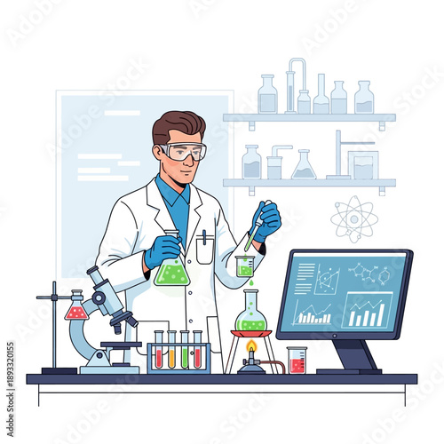Scientist in Lab Coat Conducting Experiment with Beakers and Microscope