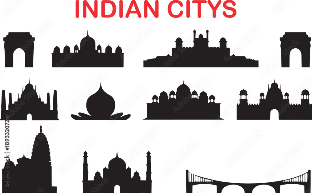 Fototapeta premium Black silhouette outlines show famous landmarks and historical structures from various Indian cities