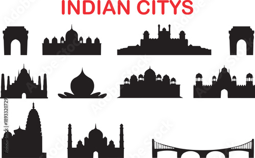 Black silhouette outlines show famous landmarks and historical structures from various Indian cities