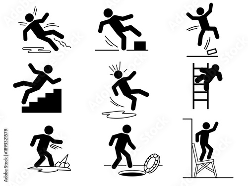 collage of various black stick figure icons illustrating different types of slip trip fall hazards