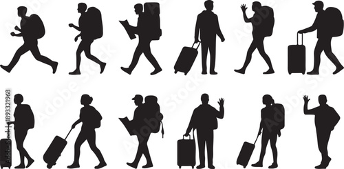 Silhouettes of travelers with luggage and backpacks walking, waving, and looking at a map