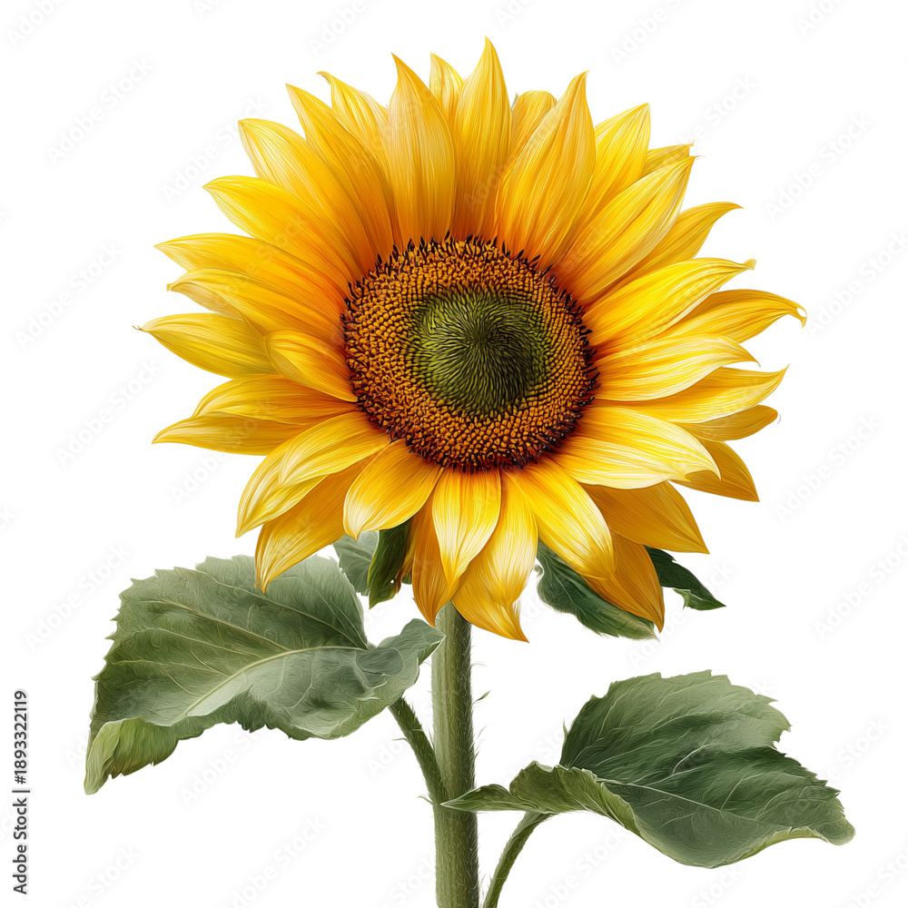 Fototapeta premium Vibrant yellow sunflower with green leaves and stem isolated on transparent background