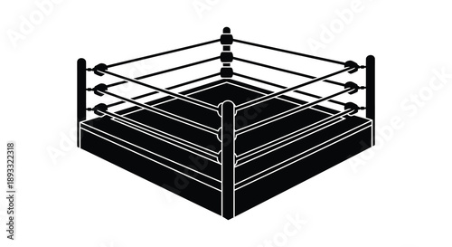 An isometric illustration depicts a black and white professional wrestling ring showcasing ropes and corner posts high quality