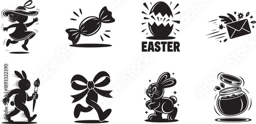 A delightful collection of black silhouette Easter themed icons featuring bunnies, eggs, and festive elements