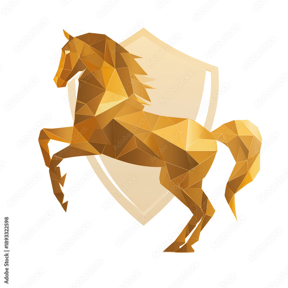 Obraz premium Golden geometric low poly horse rearing up in front of a shield isolated on transparent background