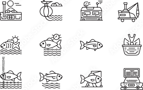 Fishing Icons and Symbols: Boats, Fish, and Equipment Isolated on white background