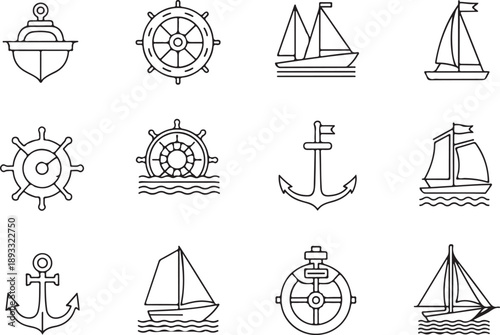 Nautical Icons: Anchors, Ships, and Wheels Collection Isolated on white background