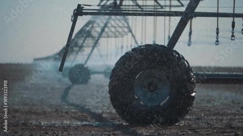 A close-up view of the wheel of a center pivot irrigation system during field watering. Water droplets scatter through the air.