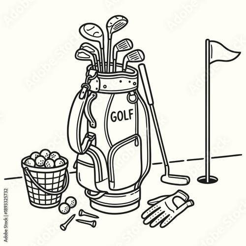 Complete Golf Equipment Line Art Illustration Set