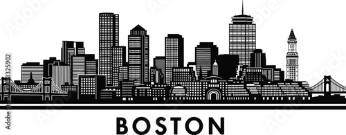 Boston skyline silhouette vector illustration, Massachusetts city landmark buildings and skyscrapers icon set, urban cityscape horizon design element on white background for travel,