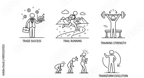 Set of five simple line art icons representing business success fitness and evolution.