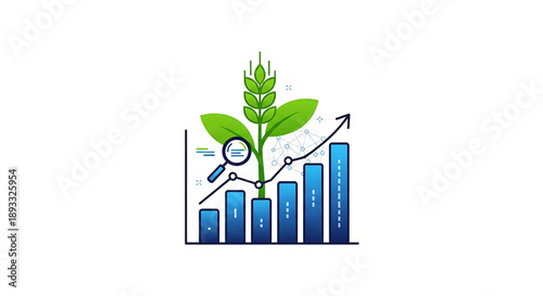 Business growth and financial analysis with a plant growing from a bar chart symbolizing success and investment strategy