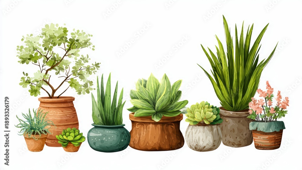 Obraz premium Collection of Various Potted Plants and Succulents on a White Background, Artistic Illustration