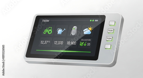 Smart farm control panel with weather forecast and agricultural statistics on screen