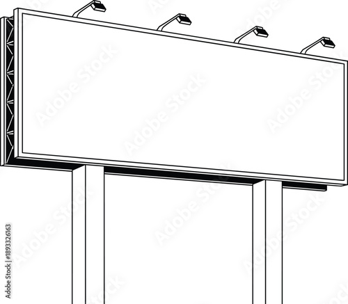 Blank billboard mockup vector illustration, outdoor advertising sign outline with spotlights, street hoarding display line art, realistic large scale banner template isolated, empty sign.
