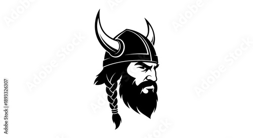 Viking Warrior Head with Braided Beard and Horned Helmet.