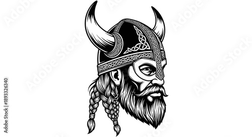 Viking Warrior Portrait with Horned Helmet and Braided Beard.