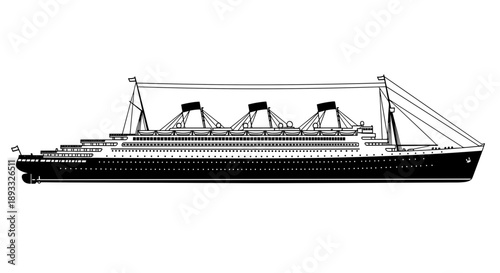 Vintage Ocean Liner Silhouette Side View Illustration.