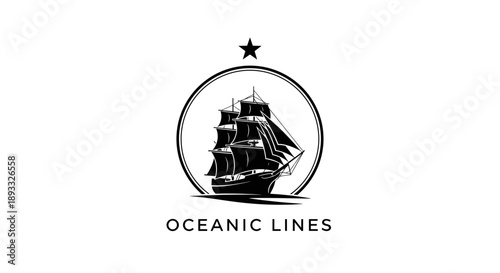 Vintage Tall Ship Sailing Under Star Emblem.