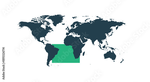 World Map Highlighting South America Continent Green Area.
