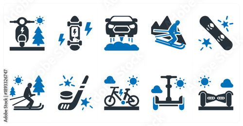 A set of 10 mix icons as electric scooter, electric longboard, hover car