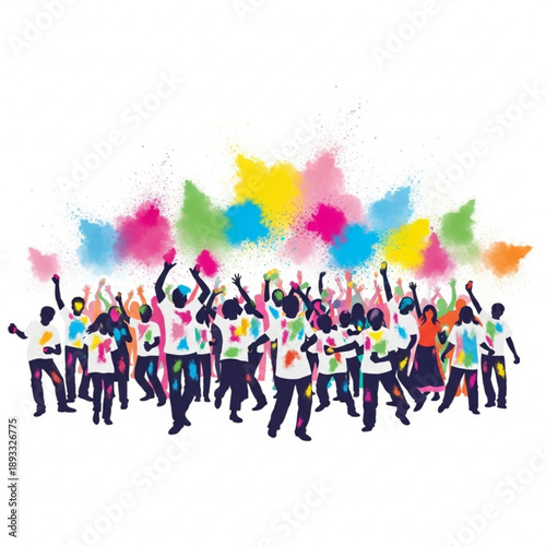 A vibrant crowd of people celebrating a colorful festival with joyful powder explosions