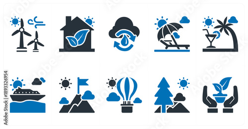 A set of 10 mix icons as wind power, green house, circulation of water