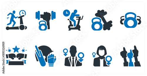 A set of 10 mix icons as treadmill, weight lifting, exercycle