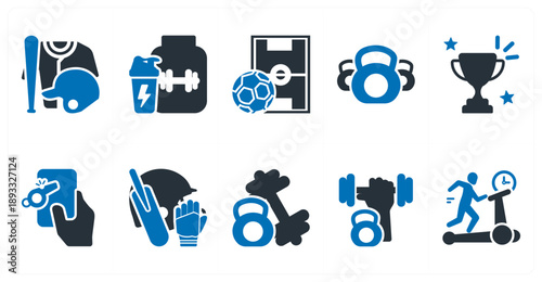 A set of 10 mix icons as sports wear, body building supplement, football pitch