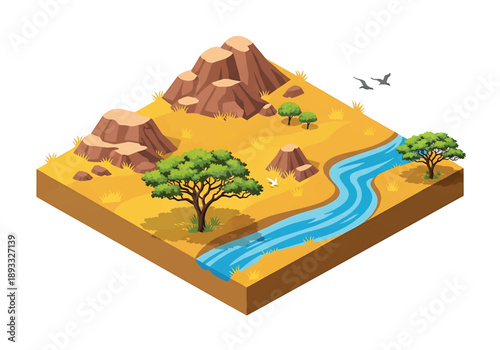 Isometric 3D view illustration of an African savanna-inspired landscape with grasslands, acacia trees, dirt roads, and wide open natural terrain