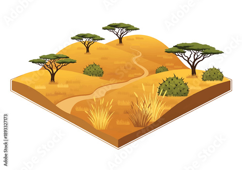 Isometric 3D view illustration of an African savanna-inspired landscape with grasslands, acacia trees, dirt roads, and wide open natural terrain