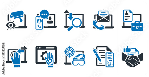 A set of 10 mix icons as cctv syctem, video chat, search