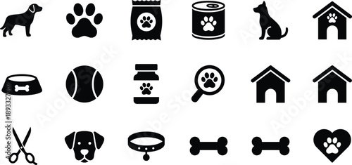 Pet care and dog icons set including food toys grooming accessories veterinary and animal shelter symbols services concepts