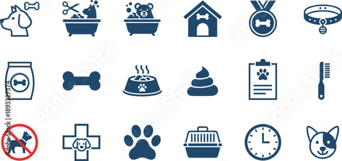 Pet care and veterinary icons set including dog grooming feeding medical supplies accessories and animal service concepts