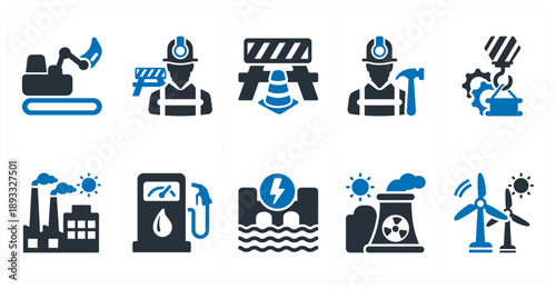 A set of 10 mix icons as excavator, construction worker, construction oversight