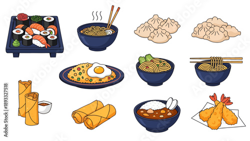Collection of Asian cuisine illustrations featuring sushi, ramen, dumplings, fried rice, spring rolls, and tempura shrimp isolated on a plain white background.