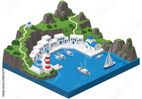 Isometric 3D view illustration of a Greek island-inspired harbor landscape with docks, boats, hillside houses, and calm coastal environment