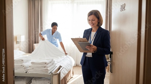 Hotel Room Inspection: A diligent hotel manager conducts a thorough inspection, overseeing housekeeping staff and ensuring meticulous cleanliness in a well-appointed room.