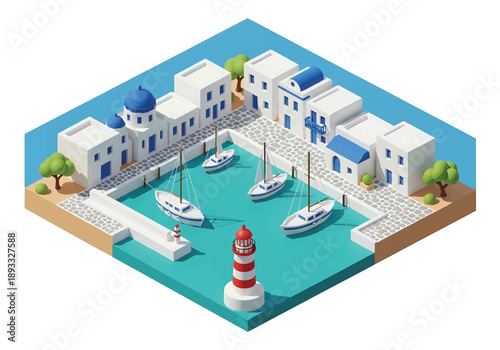 Isometric 3D view illustration of a Greek island-inspired harbor landscape with docks, boats, hillside houses, and calm coastal environment