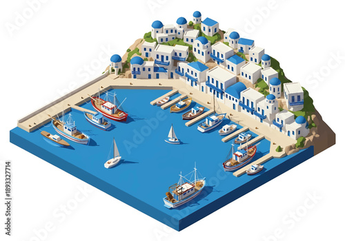 Isometric 3D view illustration of a Greek island-inspired harbor landscape with docks, boats, hillside houses, and calm coastal environment
