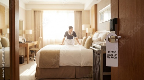 Room Service in the Suite: Capturing an image of hotel service and showcasing meticulous attention to detail. A chambermaid, diligently making the bed in a luxurious suite.