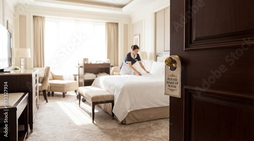 A Room with a View: A room reveals interior design and the work of a maid in an elegant setting. The scene evokes a sense of comfort and refinement.