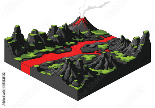 Isometric 3D view illustration of an Iceland-inspired volcanic landscape with lava fields, mountains, hot springs, and rugged terrain scenery