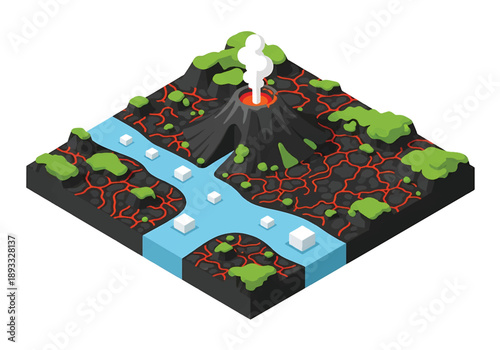 Isometric 3D view illustration of an Iceland-inspired volcanic landscape with lava fields, mountains, hot springs, and rugged terrain scenery