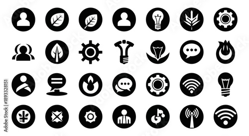 A round set of vector icons in a circle arrangement representing various business and technology concepts.