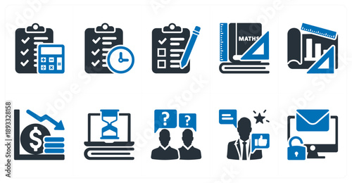A set of 10 mix icons as calculations, procrastination, test 
