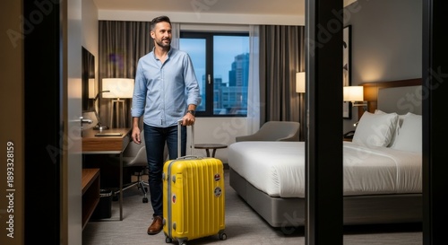 Hotel Room Traveler: A man with a suitcase enters a sophisticated hotel room. The scene is lit by the soft glow of interior lighting and natural light from a window overlooking a cityscape.